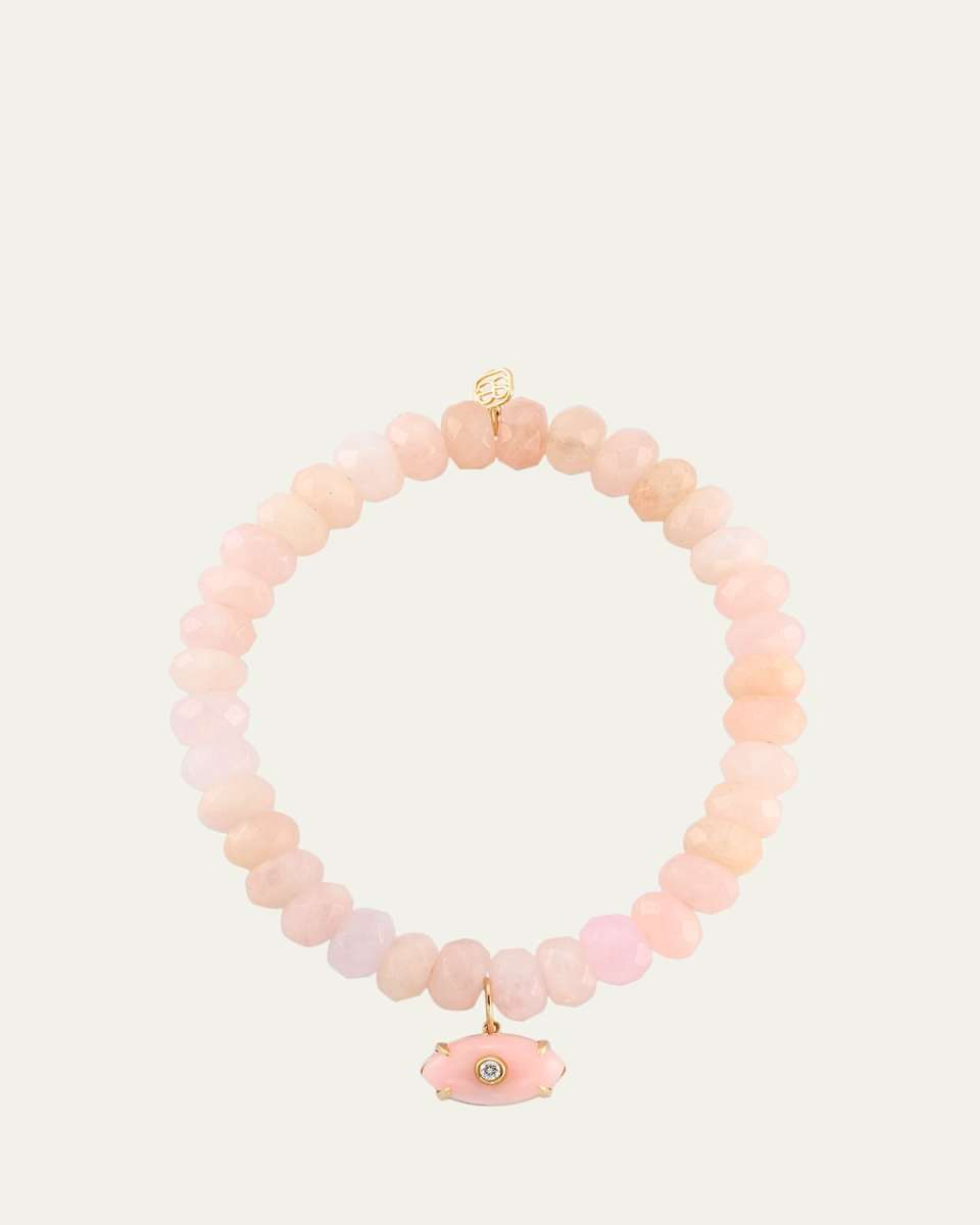 14K Carved Pink Opal and Diamond Bezel Evil Eye on Morganite Stretch Bracelet